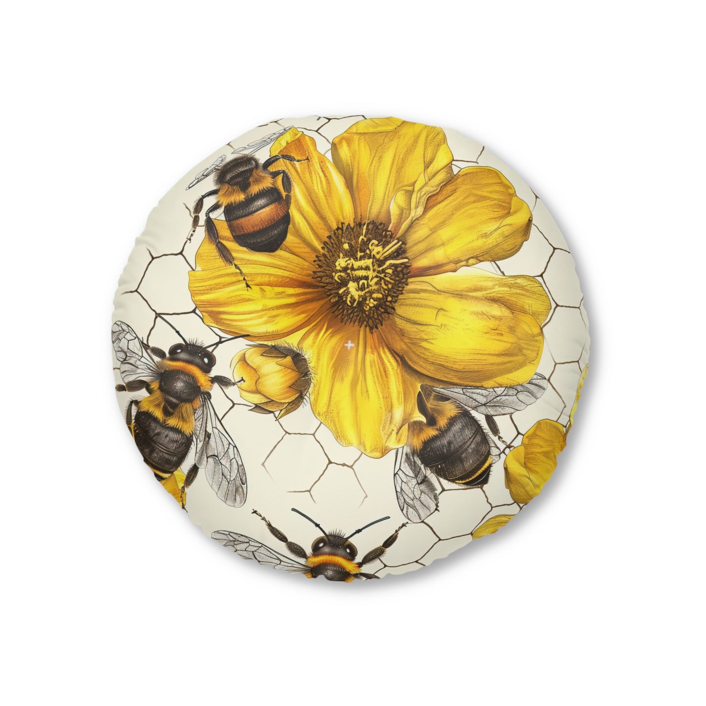 Golden Honeybee Round Tufted Floor Pillow | Nature-Inspired Elegance Meets Plush Comfort