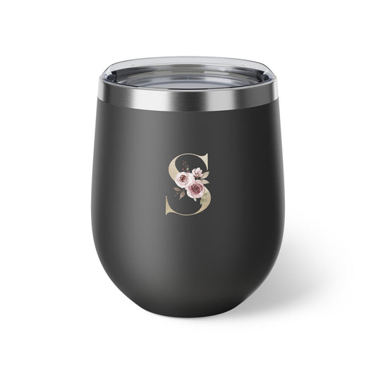 Letter S - Personalized Elegant Pink Rose Copper Vacuum Insulated Cup, 12 oz – Perfect for Weddings