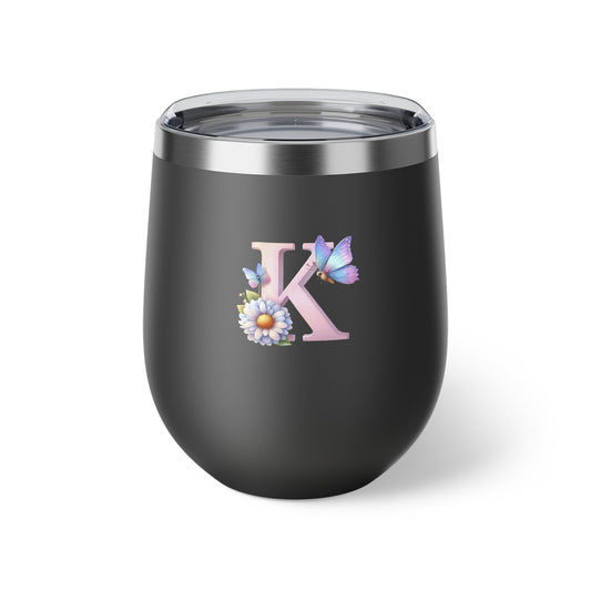 Letter K - Personalized Whimsical Butterfly Copper Vacuum Insulated Cup, 12 oz – Perfect for Weddings