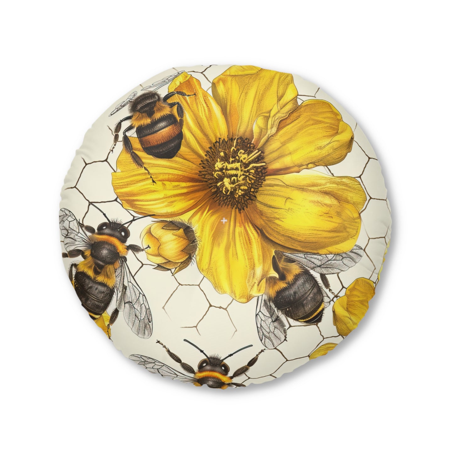 Golden Honeybee Round Tufted Floor Pillow | Nature-Inspired Elegance Meets Plush Comfort