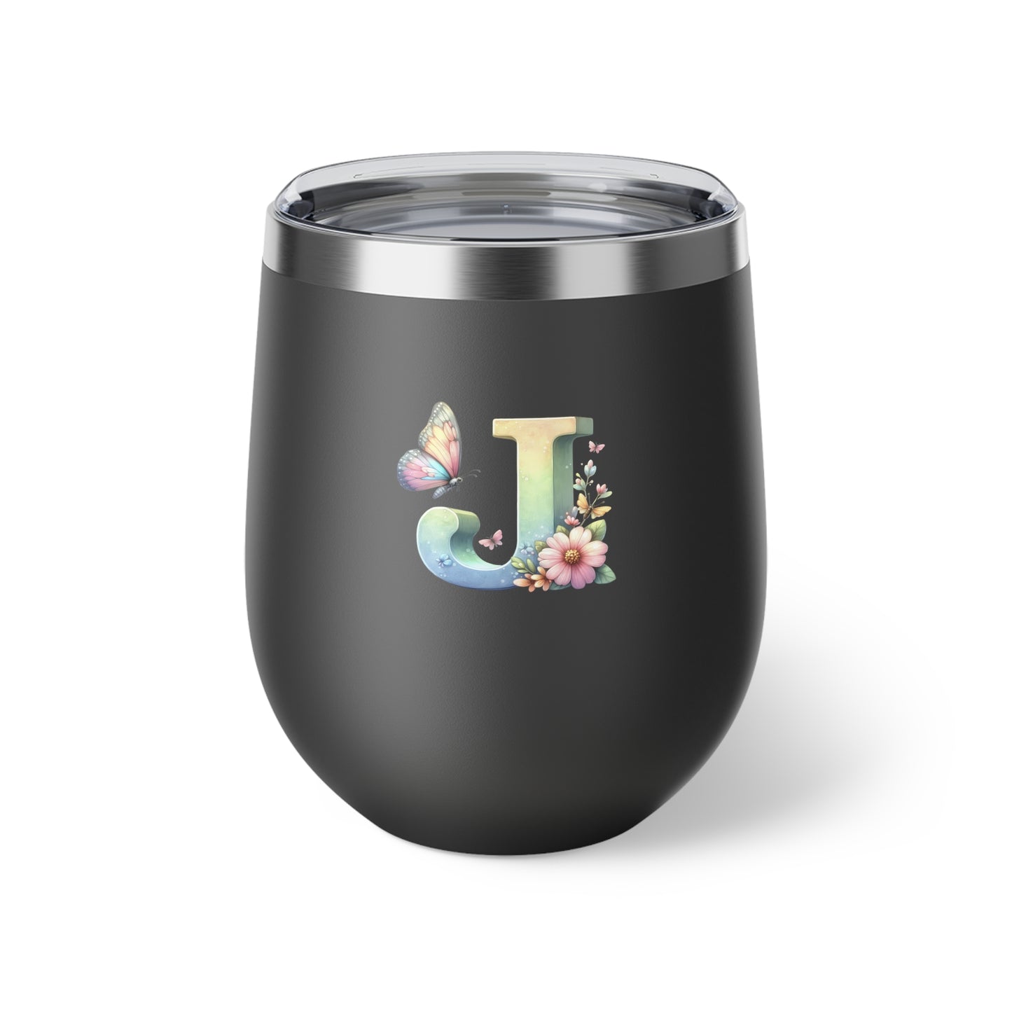 Letter J - Personalized Whimsical Butterfly Copper Vacuum Insulated Cup, 12 oz – Perfect for Weddings