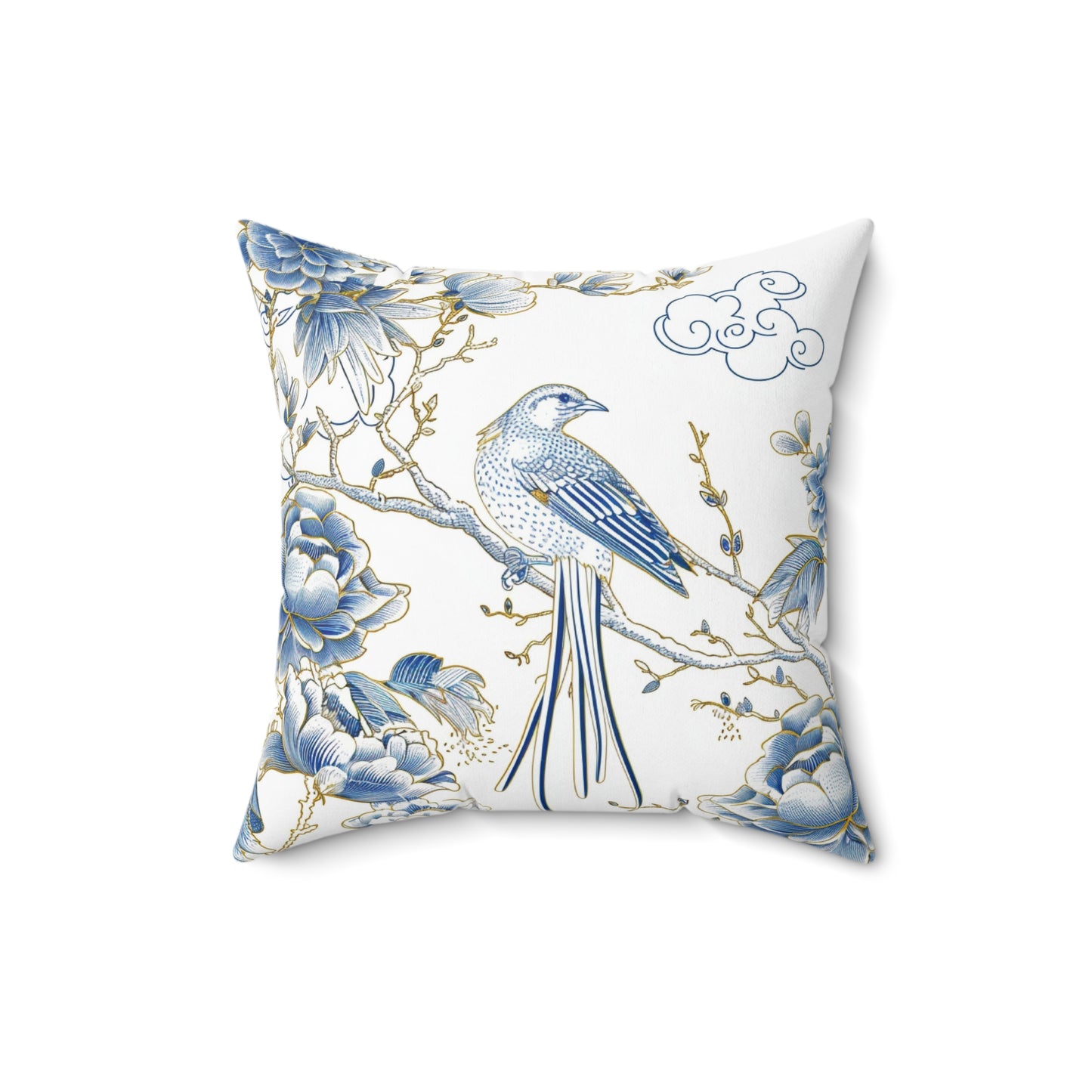 Blue and Gold Bird Chinoiserie | Custom Spun Polyester Square Pillow | Stylish Double-Sided Home Décor Accent for a Personalized Touch