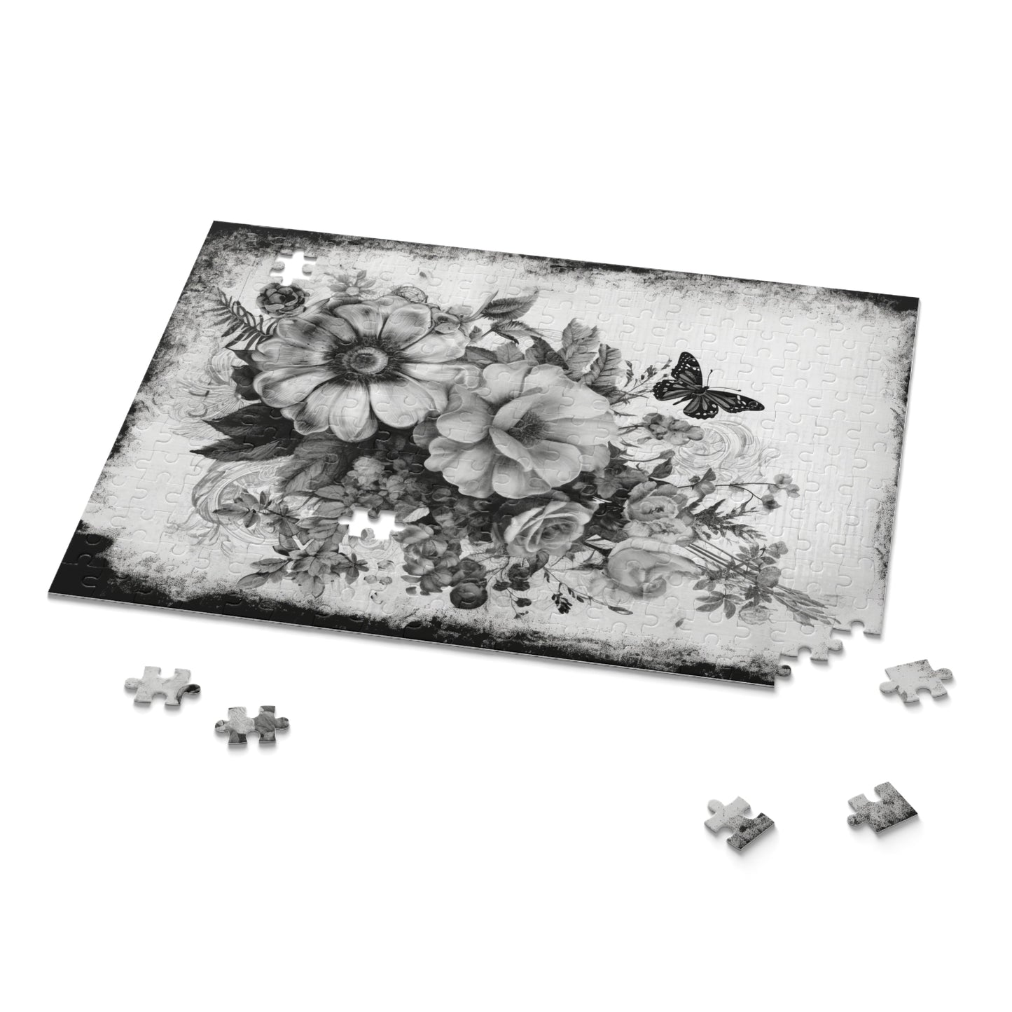 Black & White Roses Puzzle with Butterfly – Custom Elegant Floral Design | 3 Sizes for Mindful Relaxation