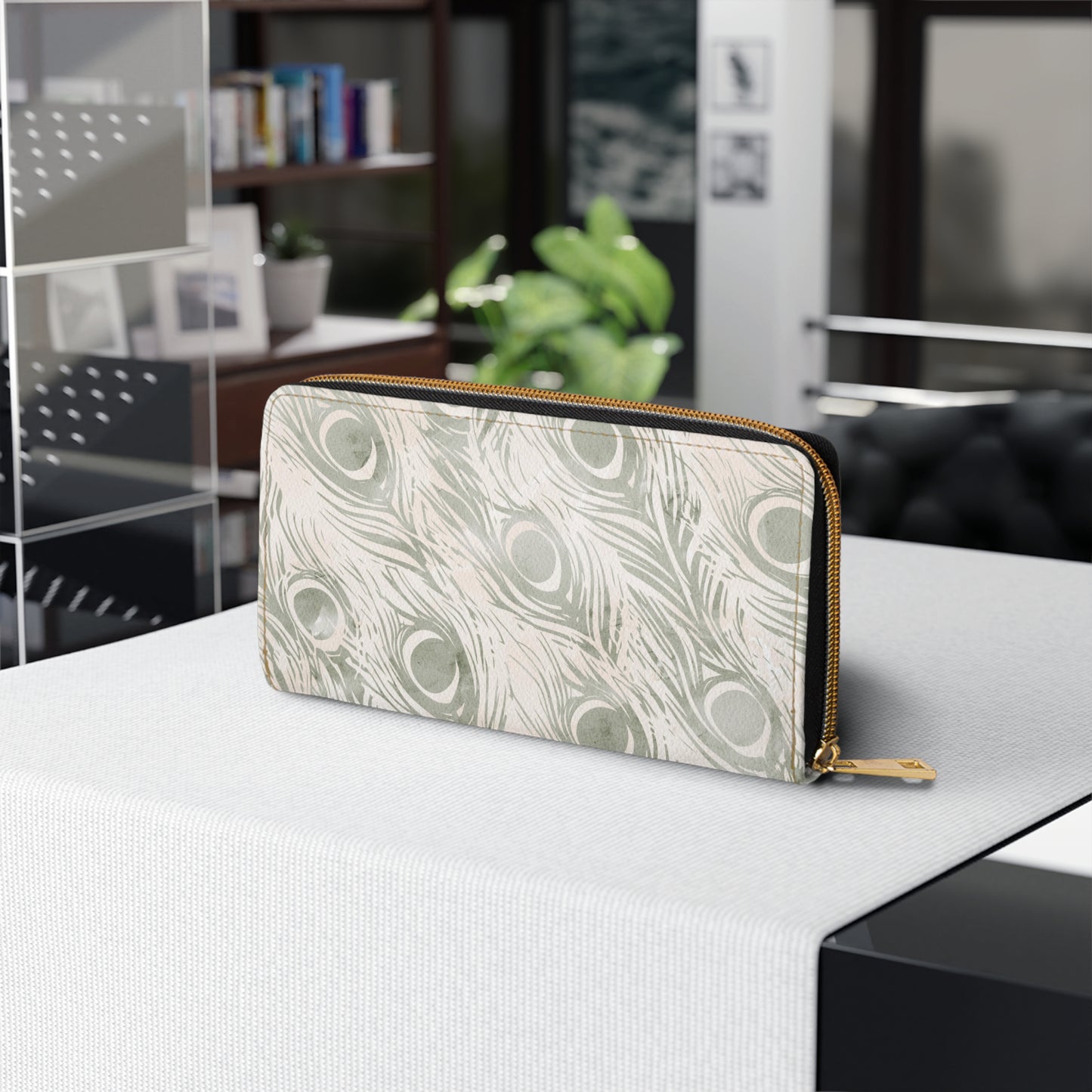 Vault Exclusive: Snowy Plume | Sage & Cream Peacock Feather-Patterned Zipper Wallet | Pristine Beauty for Winter & Bridal Occasions