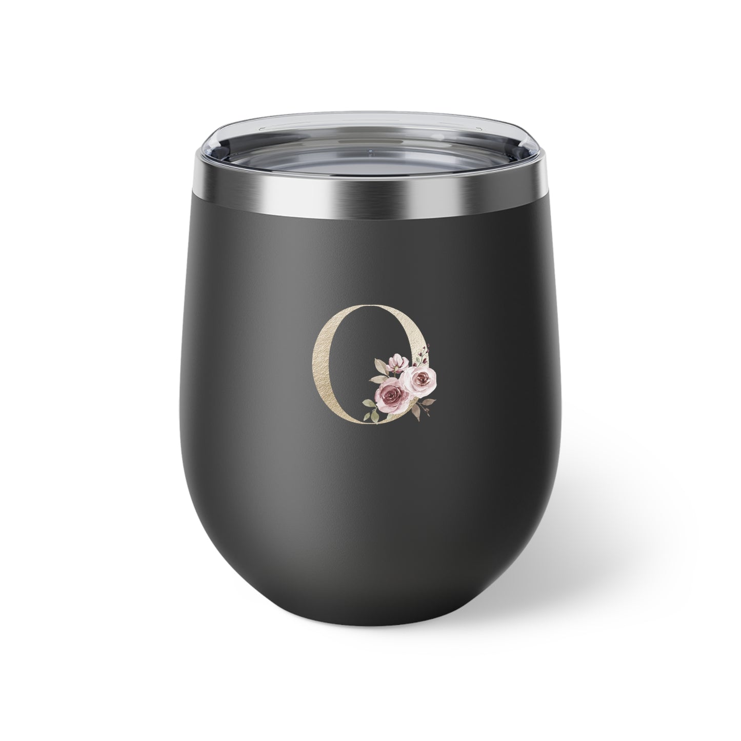 Letter O - Personalized Elegant Pink Rose Copper Vacuum Insulated Cup, 12 oz – Perfect for Weddings