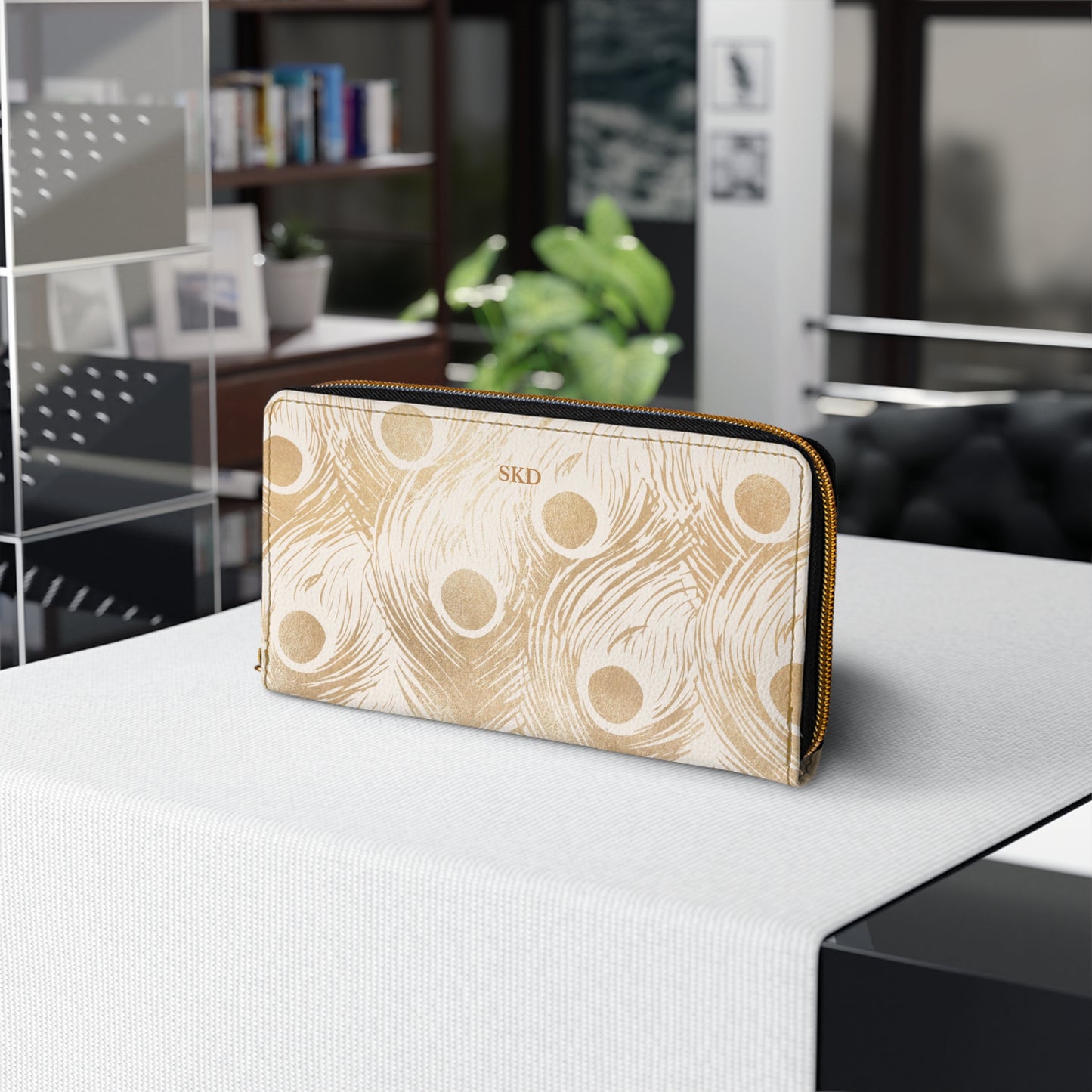 Vault Exclusive: Golden Plume | Gold Peacock Feather-Patterned Zipper Wallet | Luxe Accent Piece for Elegant Evenings