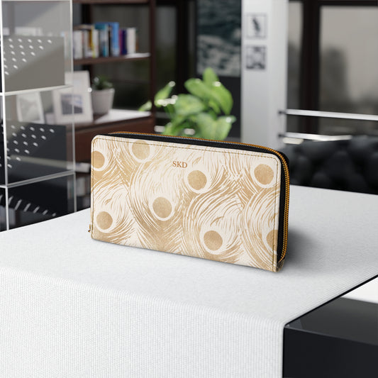 Vault Exclusive: Golden Plume | Gold Peacock Feather-Patterned Zipper Wallet | Luxe Accent Piece for Elegant Evenings