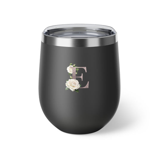 Letter E - Personalized Romantic White Rose Copper Vacuum Insulated Cup, 12 oz – Perfect for Weddings