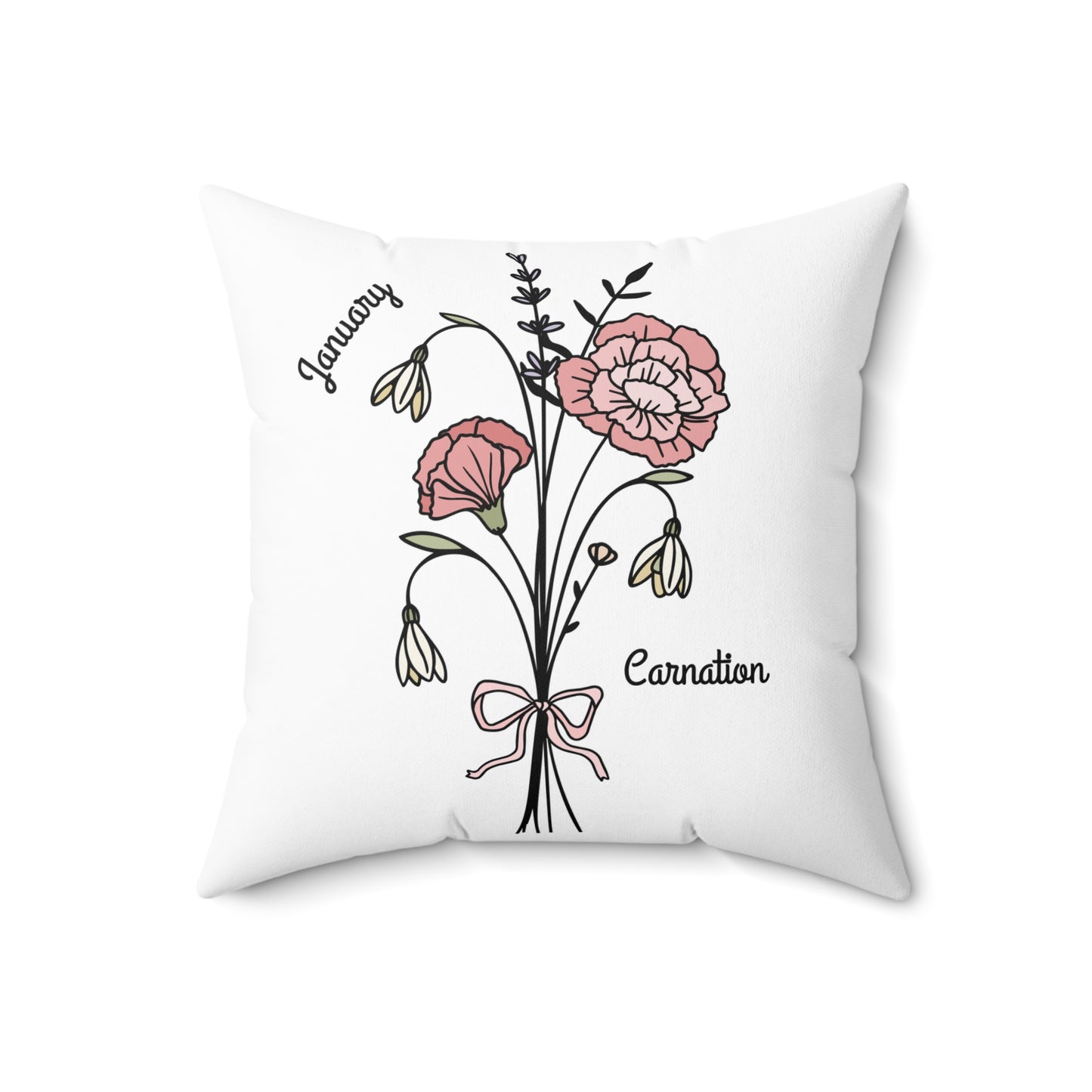 January Carnation Birth Flower - Custom Spun Polyester Square Pillow – Stylish Double-Sided Home Décor Accent for a Personalized Touch