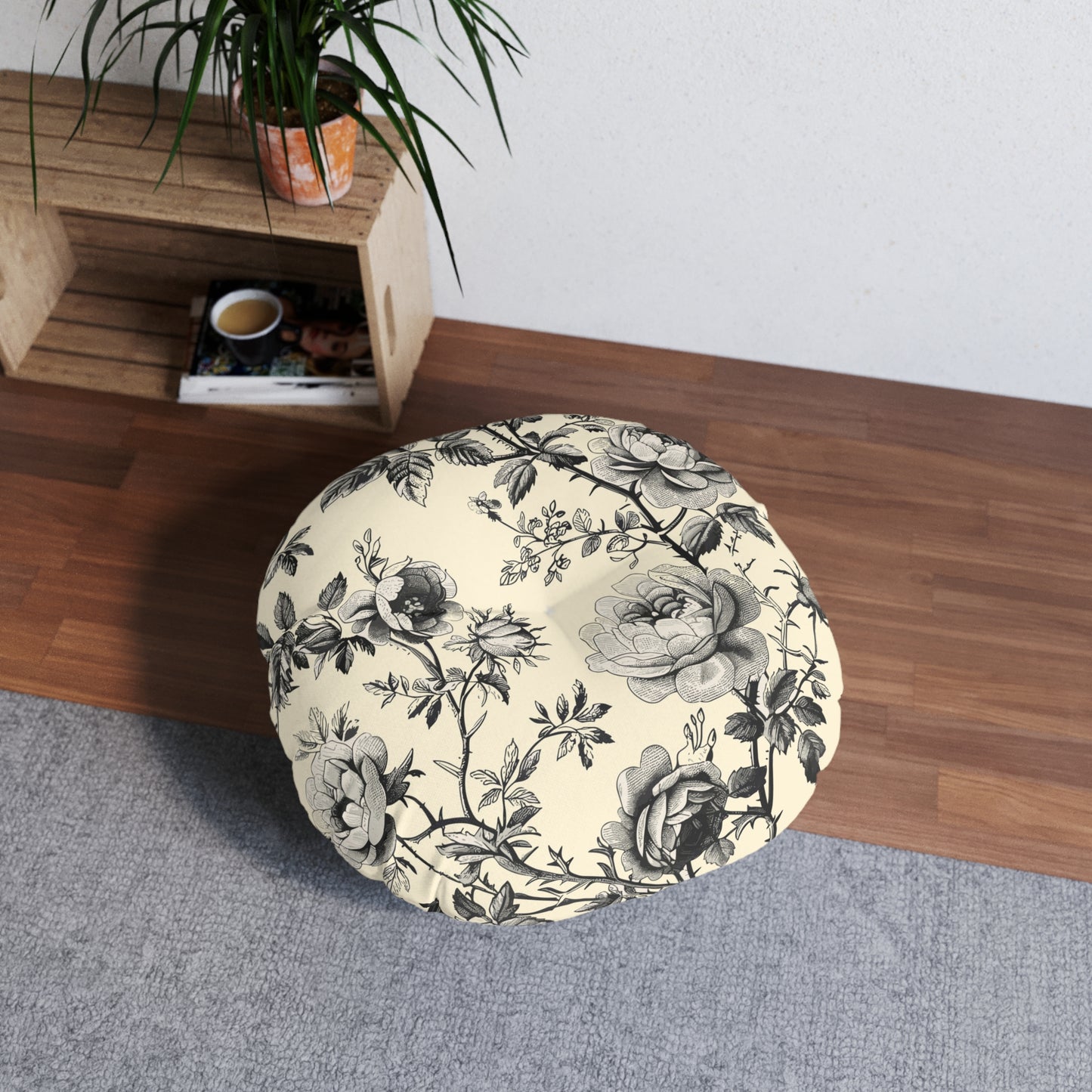 Eternal Bloom | Black & Ivory Floral Tufted Round Pillow | Timeless Romance in Monochrome Elegance