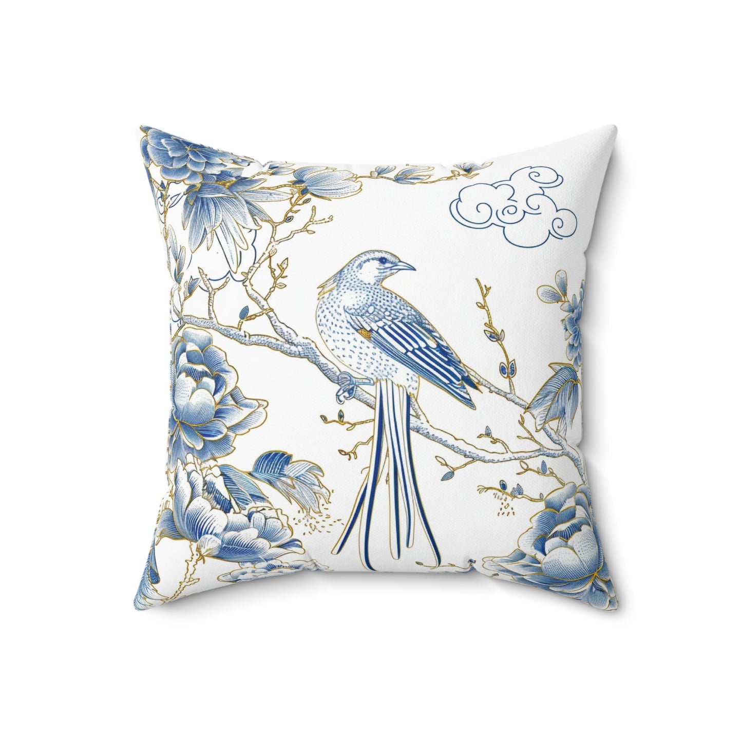 Blue and Gold Bird Chinoiserie | Custom Spun Polyester Square Pillow | Stylish Double-Sided Home Décor Accent for a Personalized Touch