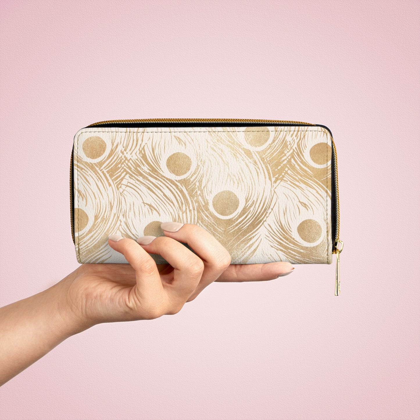 Vault Exclusive: Golden Plume | Gold Peacock Feather-Patterned Zipper Wallet | Luxe Accent Piece for Elegant Evenings
