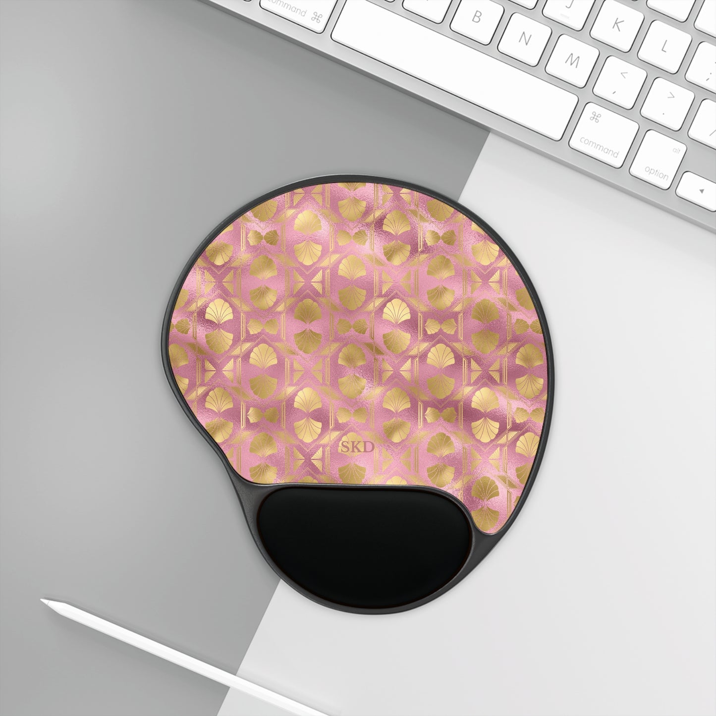 Collector's Vault: Blush Horizon | Soft, Pastel Pink & Gold Mouse Pad with Wrist Rest | Ergonomic Support for Tech Lovers
