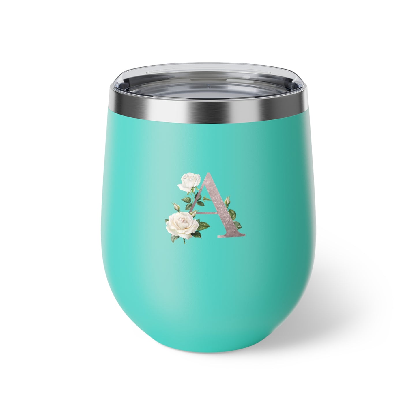 Letter A - Personalized Romantic White Rose Over Turqoise Copper Vacuum Insulated Cup, 12 oz – Perfect for Weddings