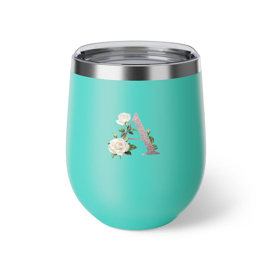 Letter A - Personalized Romantic White Rose Over Turqoise Copper Vacuum Insulated Cup, 12 oz – Perfect for Weddings