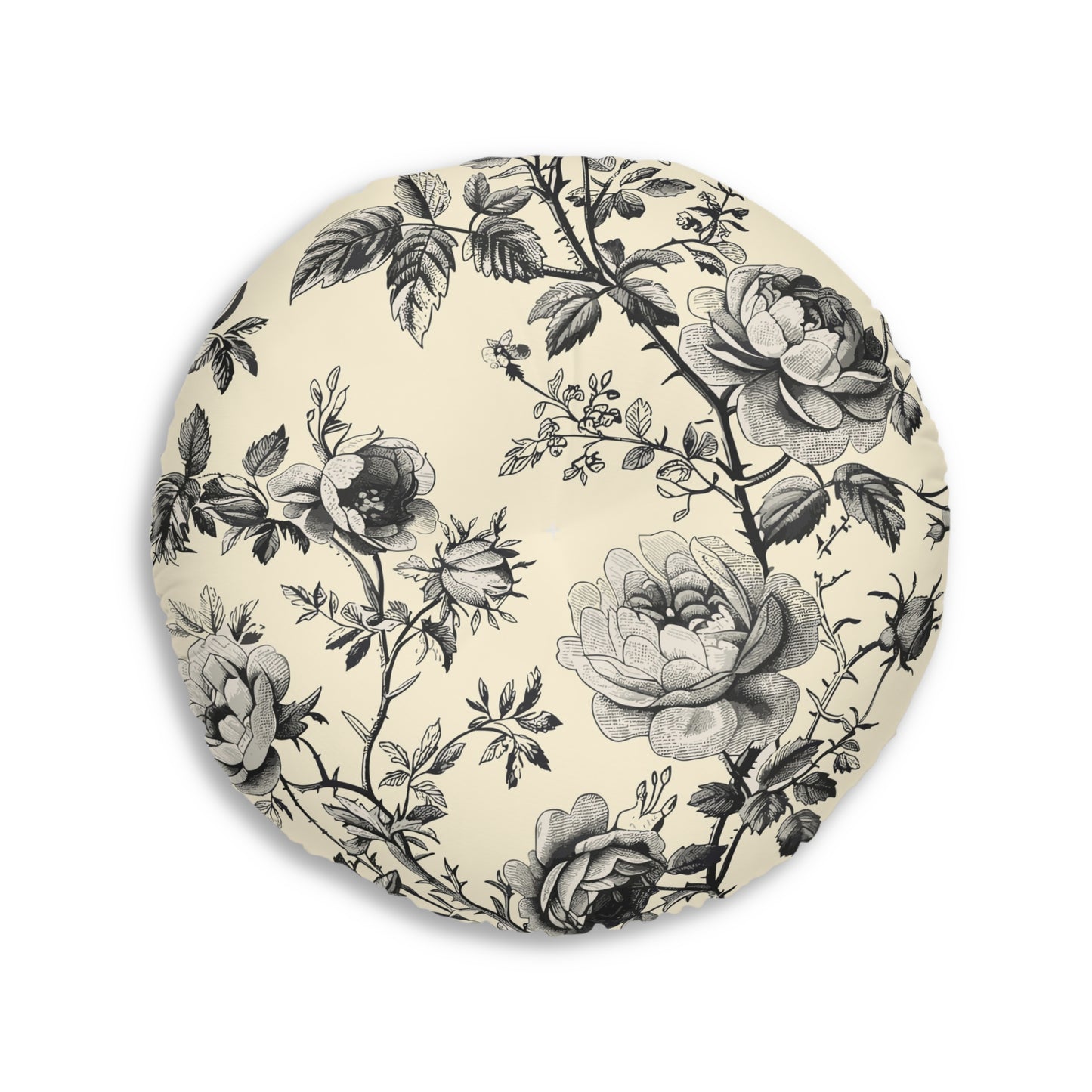 Eternal Bloom | Black & Ivory Floral Tufted Round Pillow | Timeless Romance in Monochrome Elegance