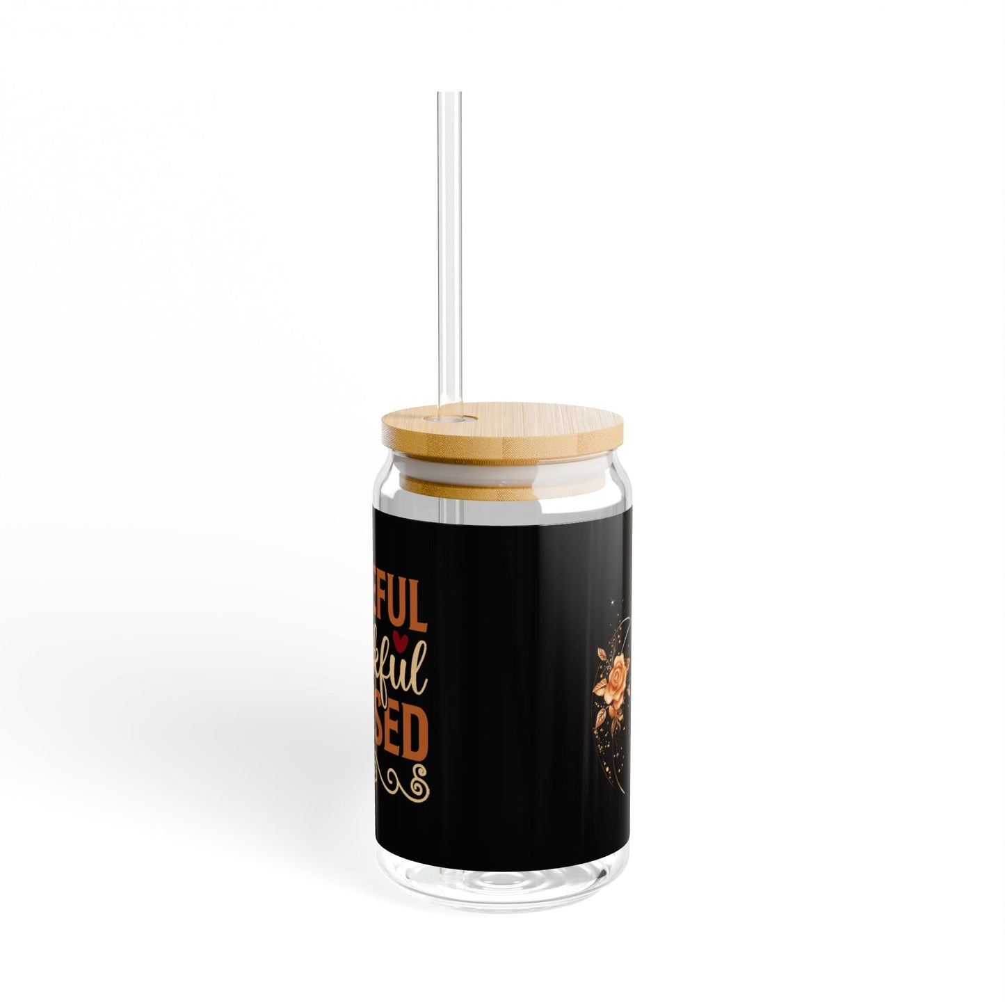 "Grateful Thankful Blessed" | 16oz Custom Sipper Glass with Bamboo Lid & Straw – Perfect for Sweet Treats and Family Parties