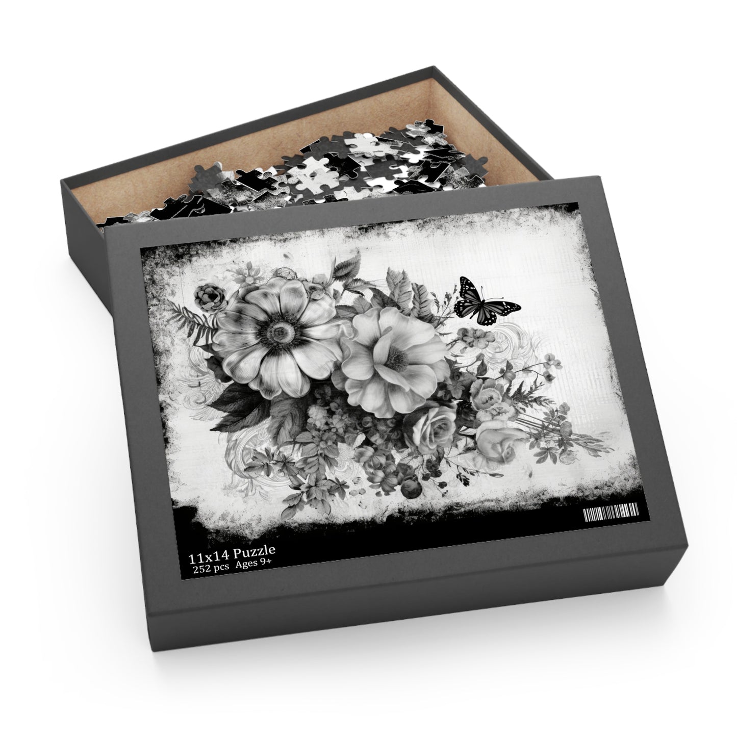 Black & White Roses Puzzle with Butterfly – Custom Elegant Floral Design | 3 Sizes for Mindful Relaxation