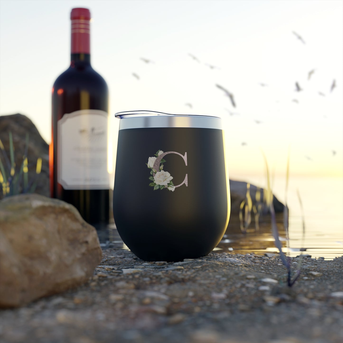 Letter C - Personalized Romantic White Rose Copper Vacuum Insulated Cup, 12 oz – Perfect for Weddings