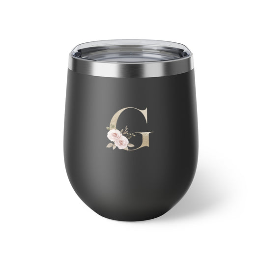 Letter G - Personalized Elegant Pink Rose Copper Vacuum Insulated Cup, 12 oz – Perfect for Weddings