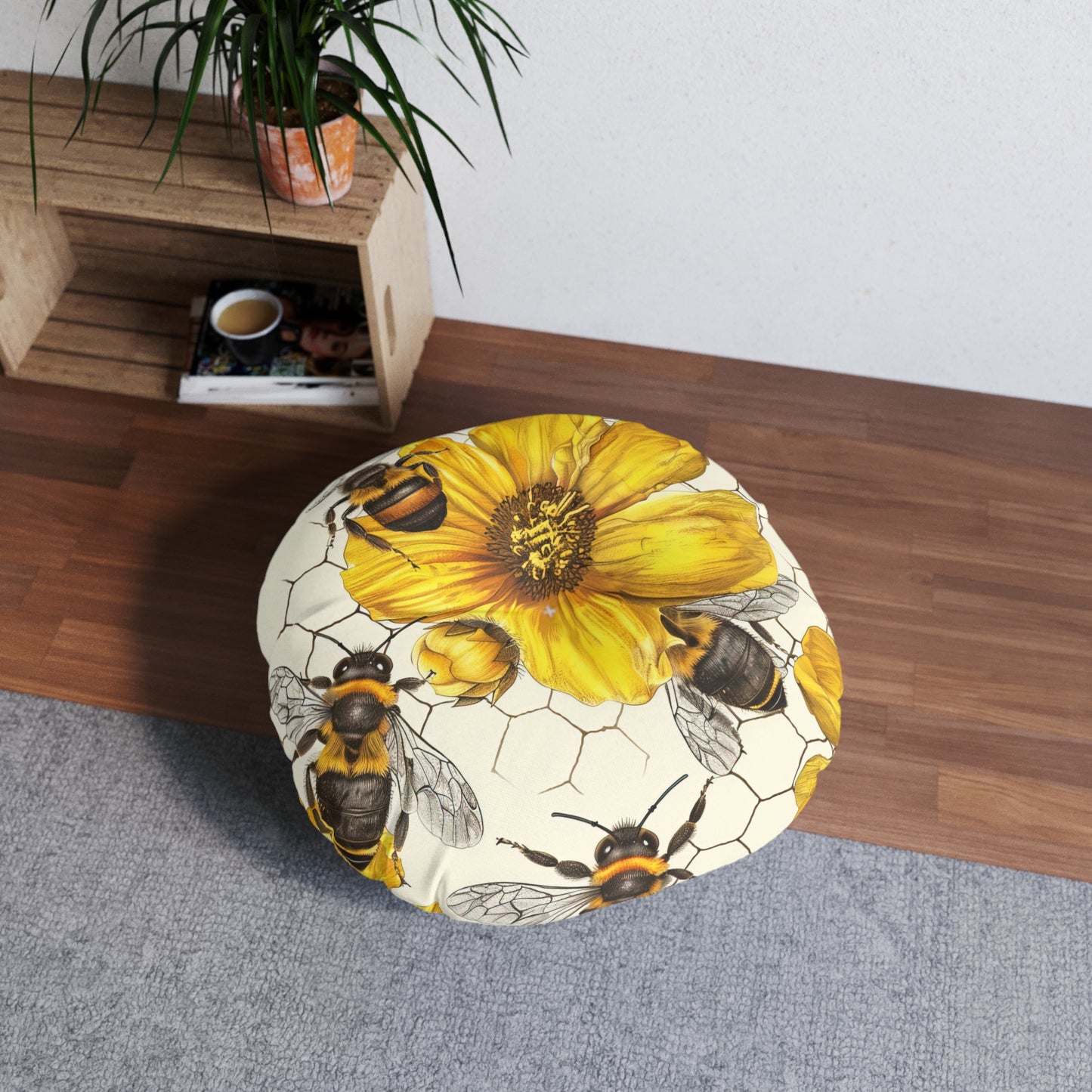 Golden Honeybee Round Tufted Floor Pillow | Nature-Inspired Elegance Meets Plush Comfort