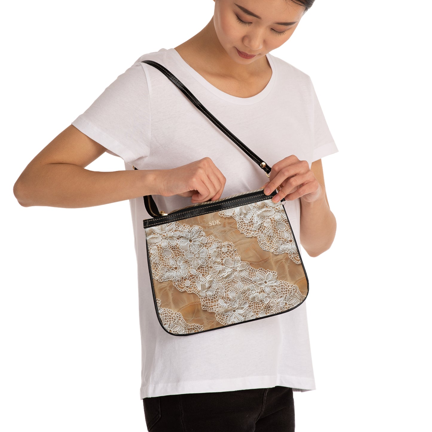 Core Collection: Demure Elegance | Soft Lace & Beige Smooth Faux Leather Small Shoulder Bag | Understated Luxury for Graceful Women