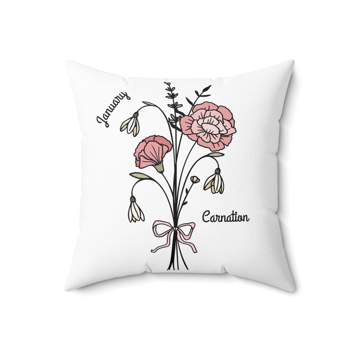 January Carnation Birth Flower - Custom Spun Polyester Square Pillow – Stylish Double-Sided Home Décor Accent for a Personalized Touch