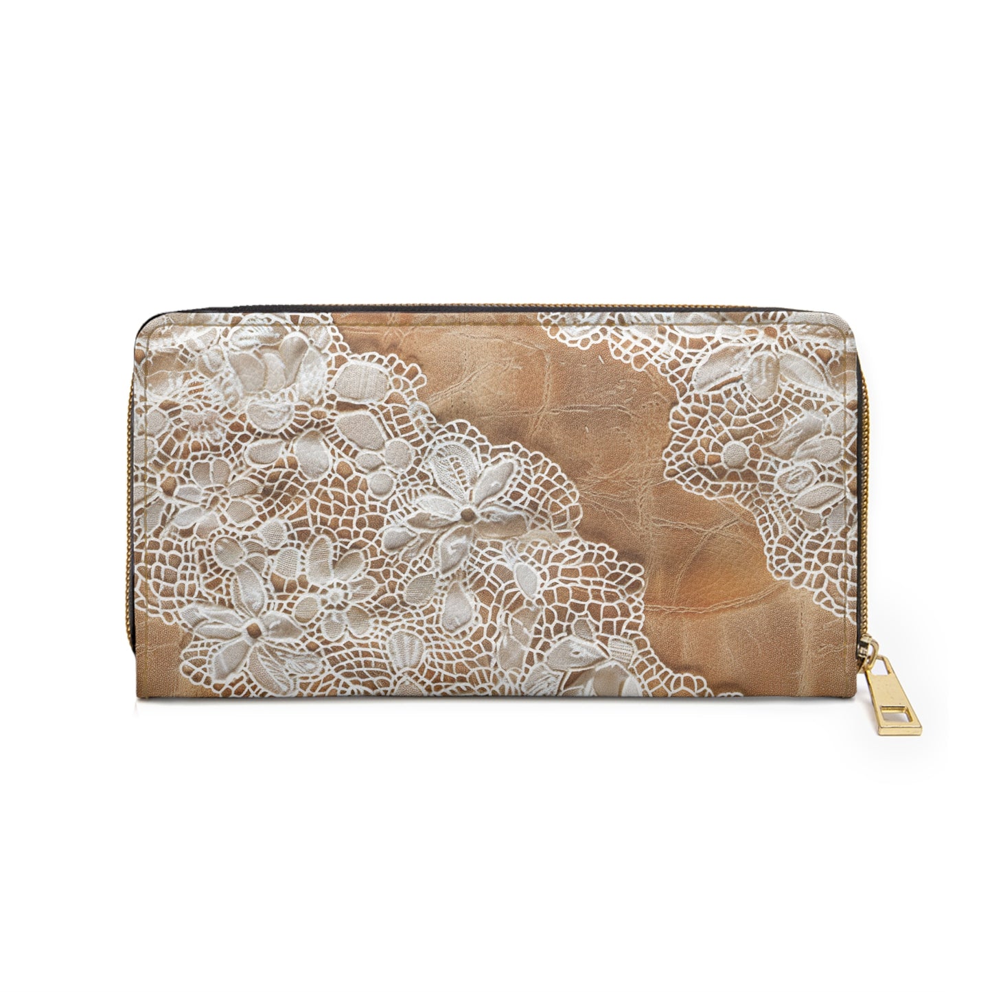 Demure Elegance | Soft Lace & Beige Smooth Faux Leather Zipper Wallet | Stylish & Practical Gift for Sophisticated Ladies
