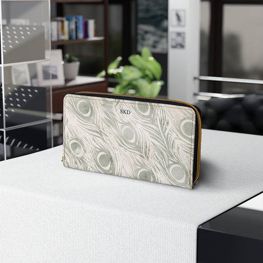 Vault Exclusive: Snowy Plume | Sage & Cream Peacock Feather-Patterned Zipper Wallet | Pristine Beauty for Winter & Bridal Occasions
