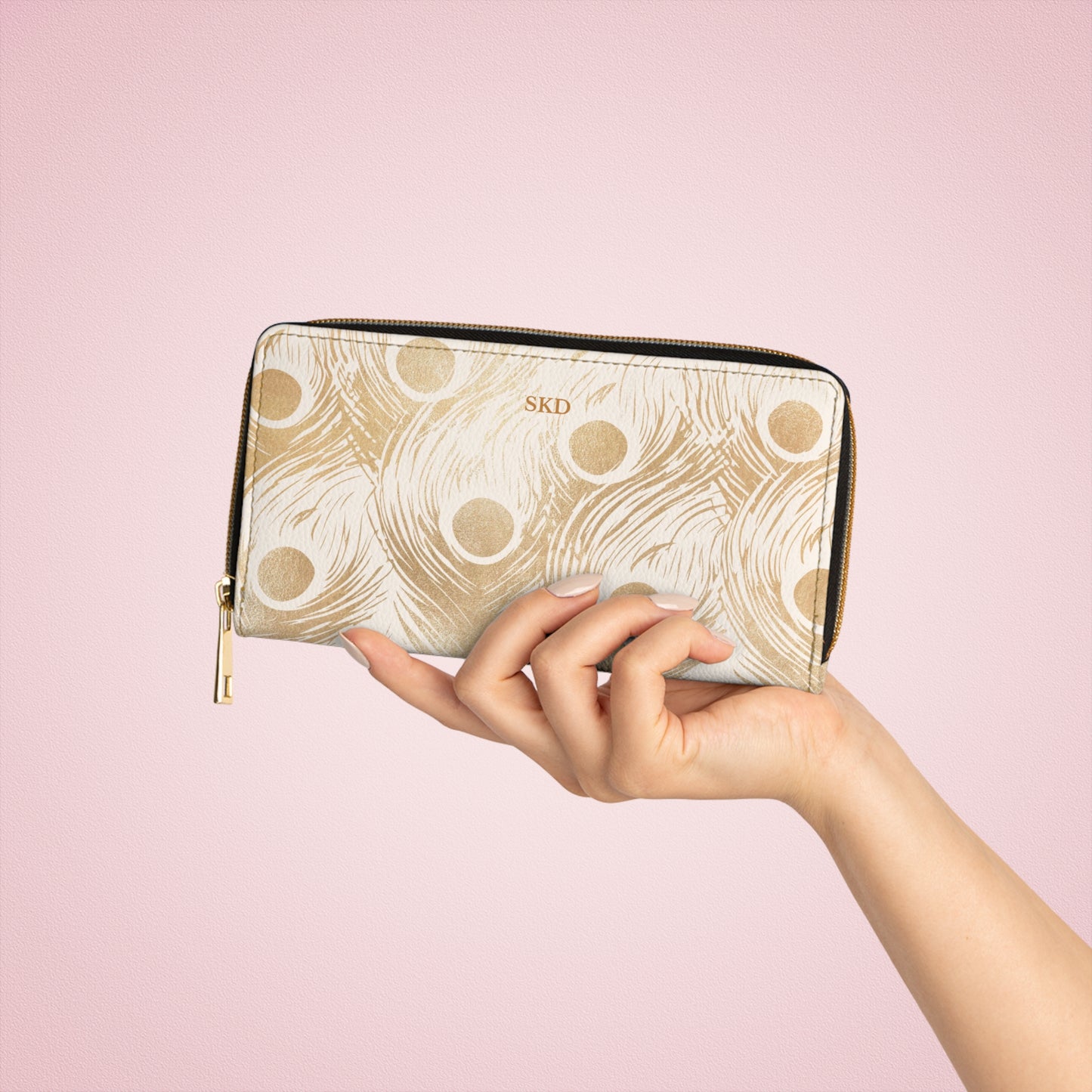 Vault Exclusive: Golden Plume | Gold Peacock Feather-Patterned Zipper Wallet | Luxe Accent Piece for Elegant Evenings
