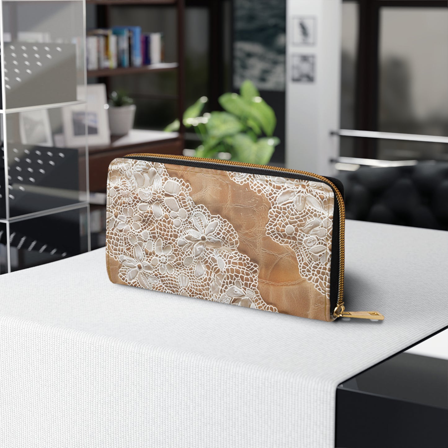 Demure Elegance | Soft Lace & Beige Smooth Faux Leather Zipper Wallet | Stylish & Practical Gift for Sophisticated Ladies