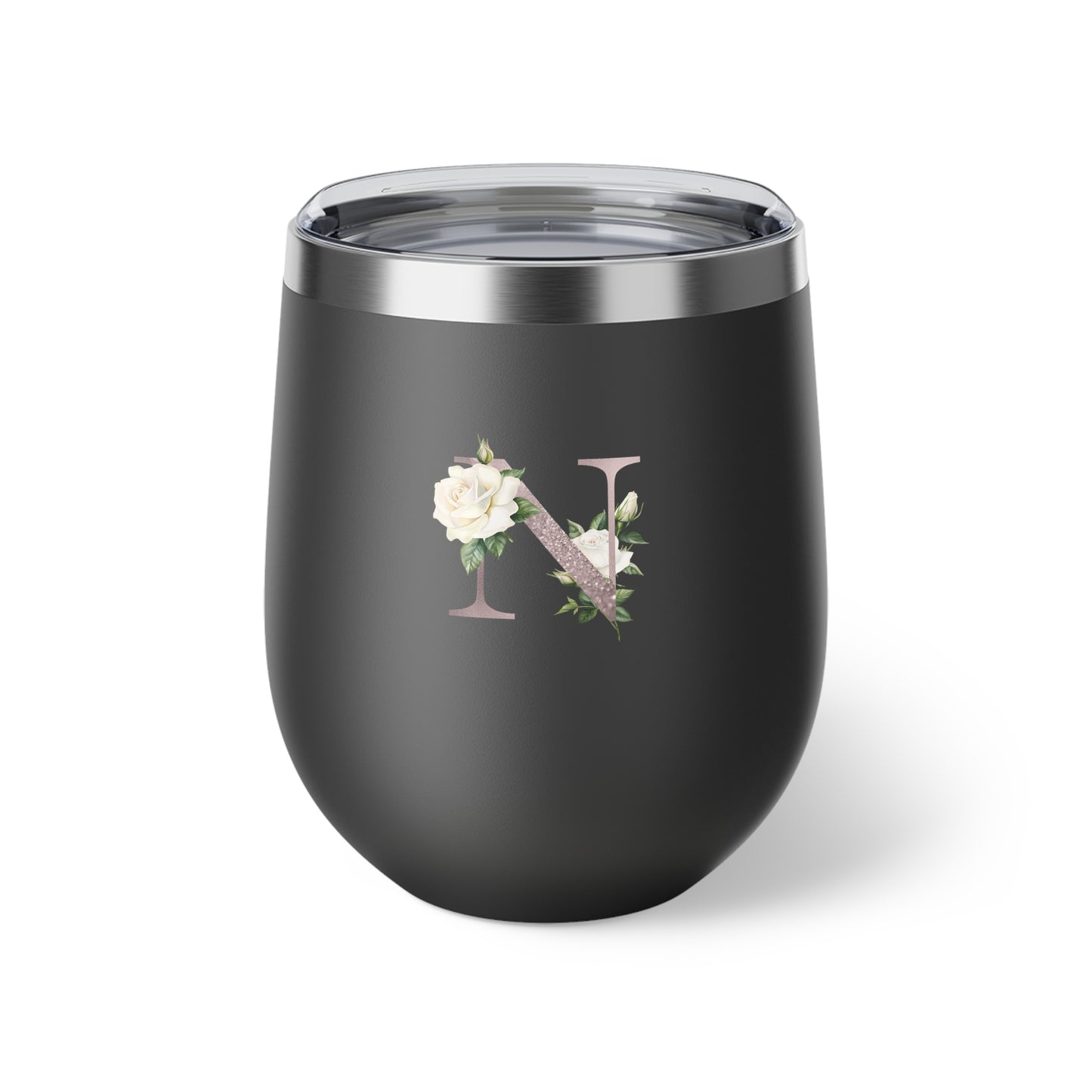 Letter N - Personalized Romantic White Rose Copper Vacuum Insulated Cup, 12 oz – Perfect for Weddings