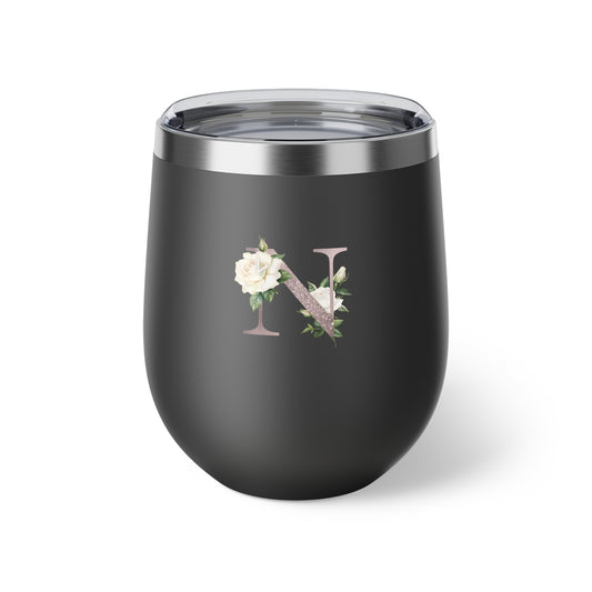 Letter N - Personalized Romantic White Rose Copper Vacuum Insulated Cup, 12 oz – Perfect for Weddings