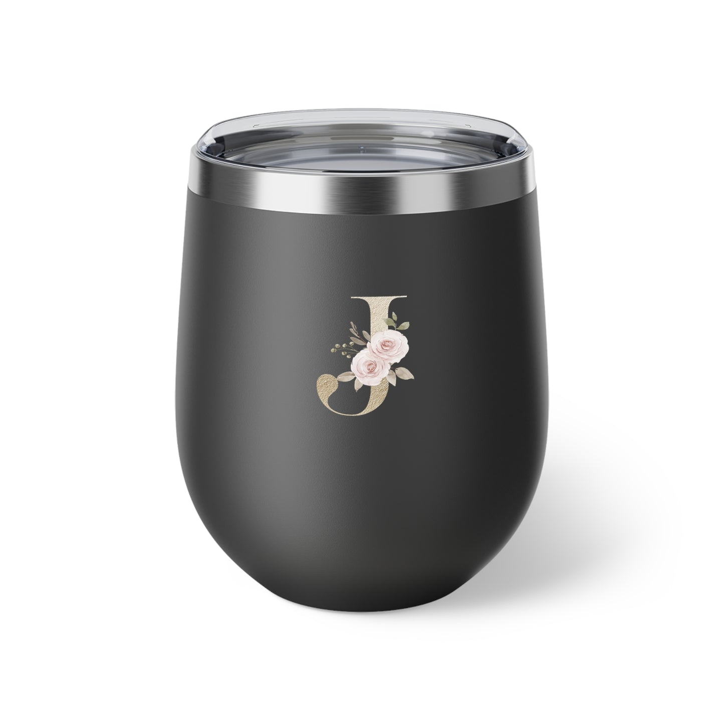 Letter J - Personalized Elegant Pink Rose Copper Vacuum Insulated Cup, 12 oz – Perfect for Weddings