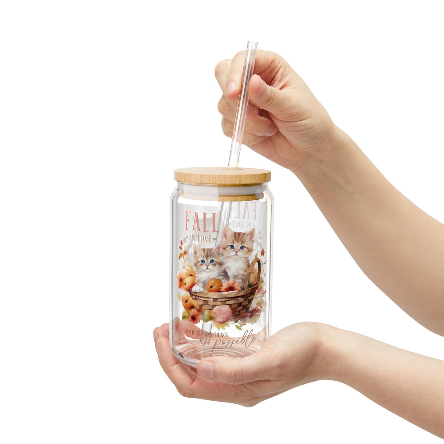 'Fall In Love With As Many Things As Possible' | 16oz Custom Sipper Glass with Bamboo Lid & Straw – Perfect for Sweet Treats and Family Parties