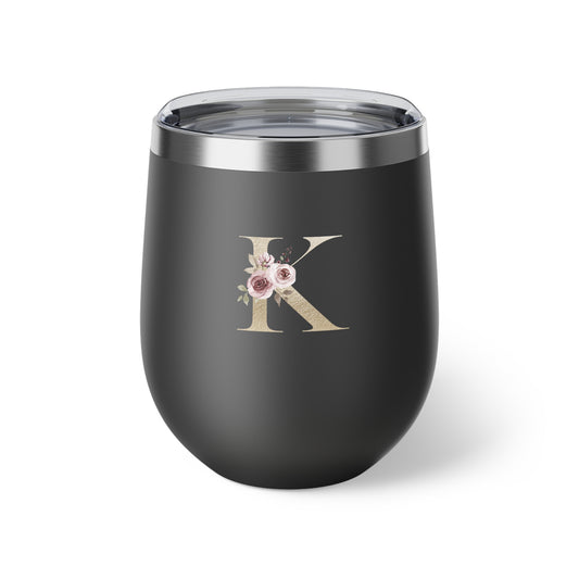 Letter K - Personalized Elegant Pink Rose Copper Vacuum Insulated Cup, 12 oz – Perfect for Weddings