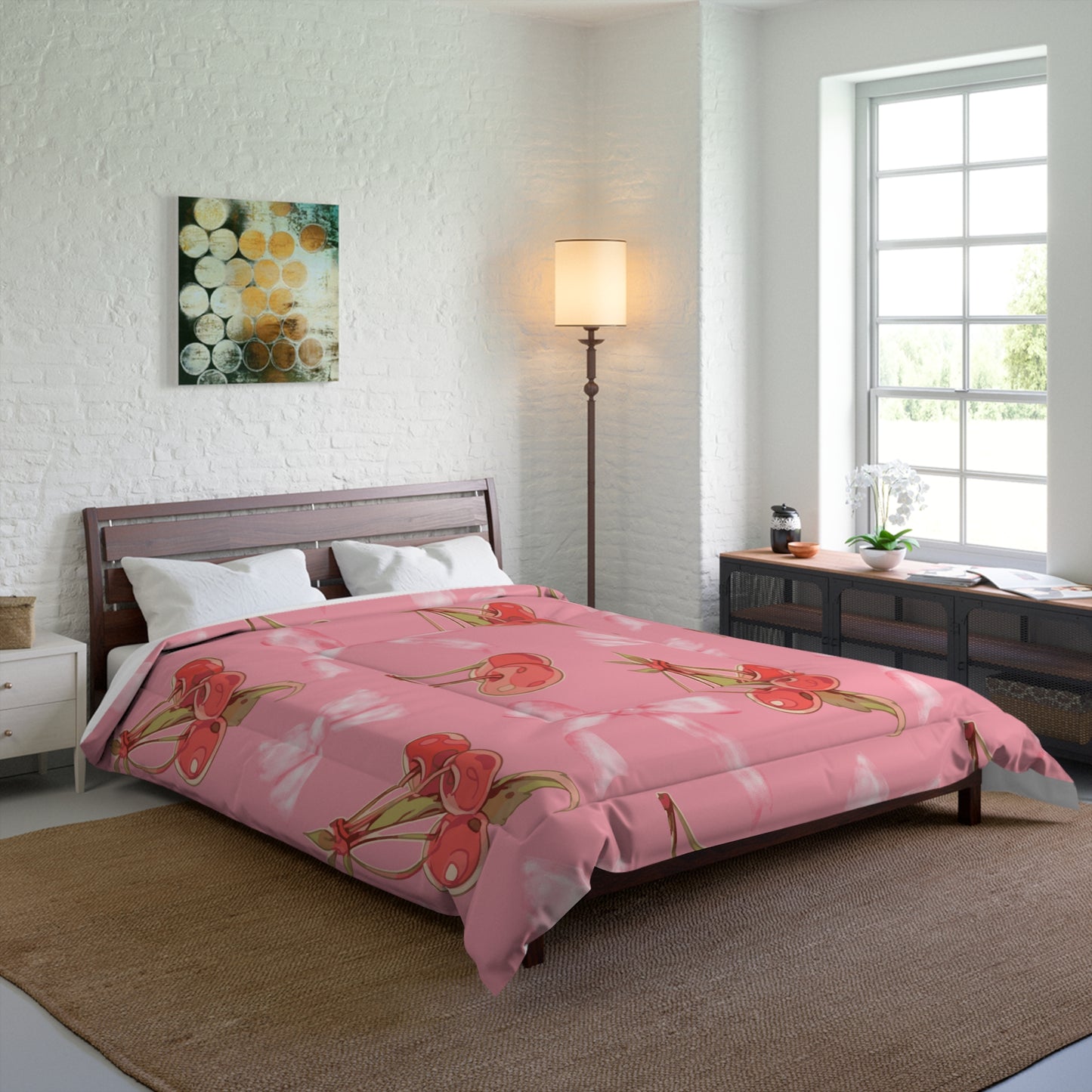 Cozy Pink Comforter with Red Cherries & Bows – Cozy, Fluffy, and Stylish Bedding for a Warm Night's Sleep