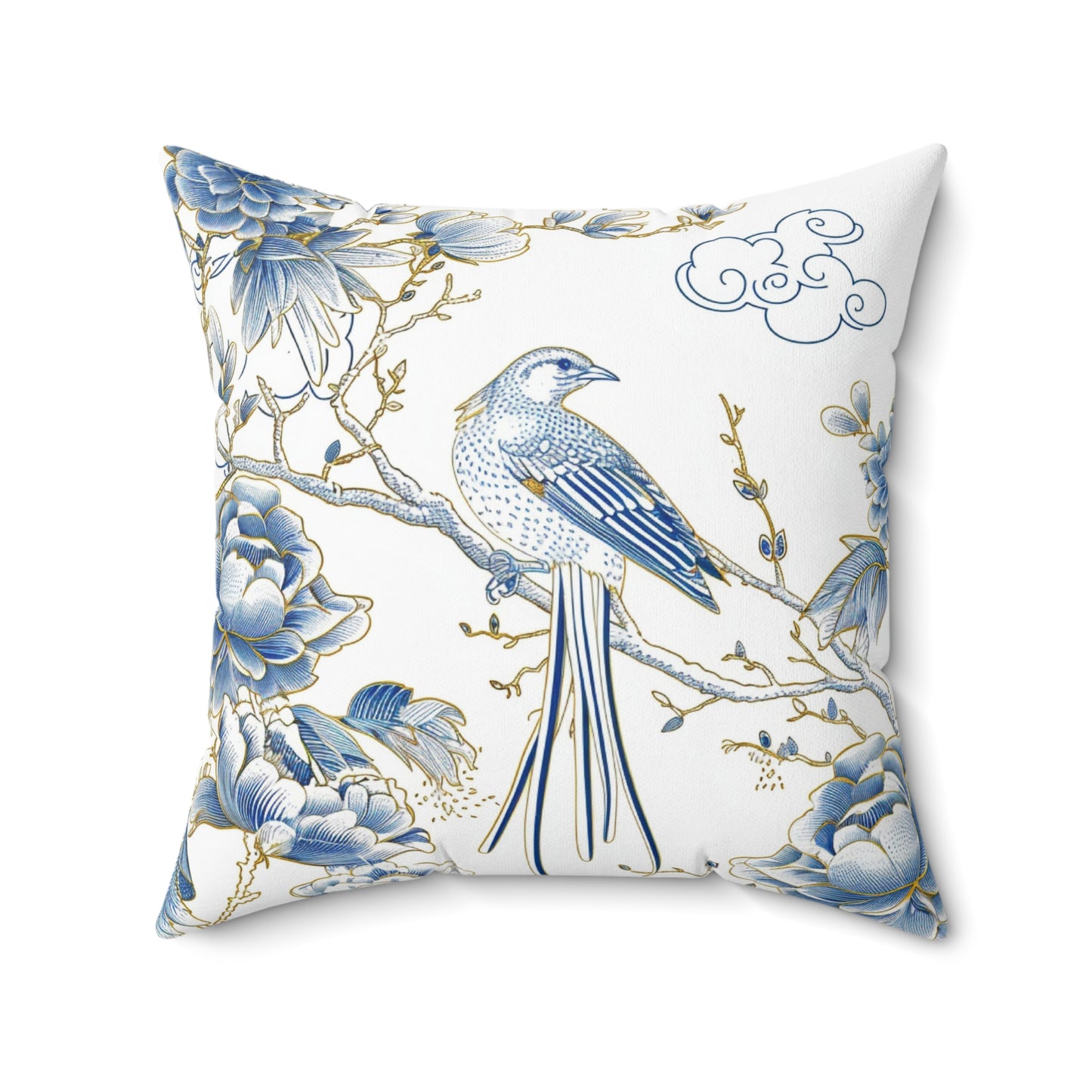Blue and Gold Bird Chinoiserie | Custom Spun Polyester Square Pillow | Stylish Double-Sided Home Décor Accent for a Personalized Touch