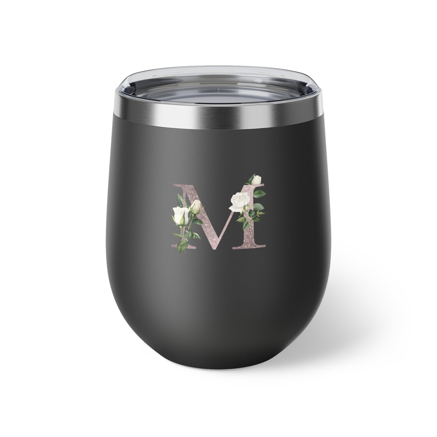Letter M - Personalized Romantic White Rose Copper Vacuum Insulated Cup, 12 oz – Perfect for Weddings