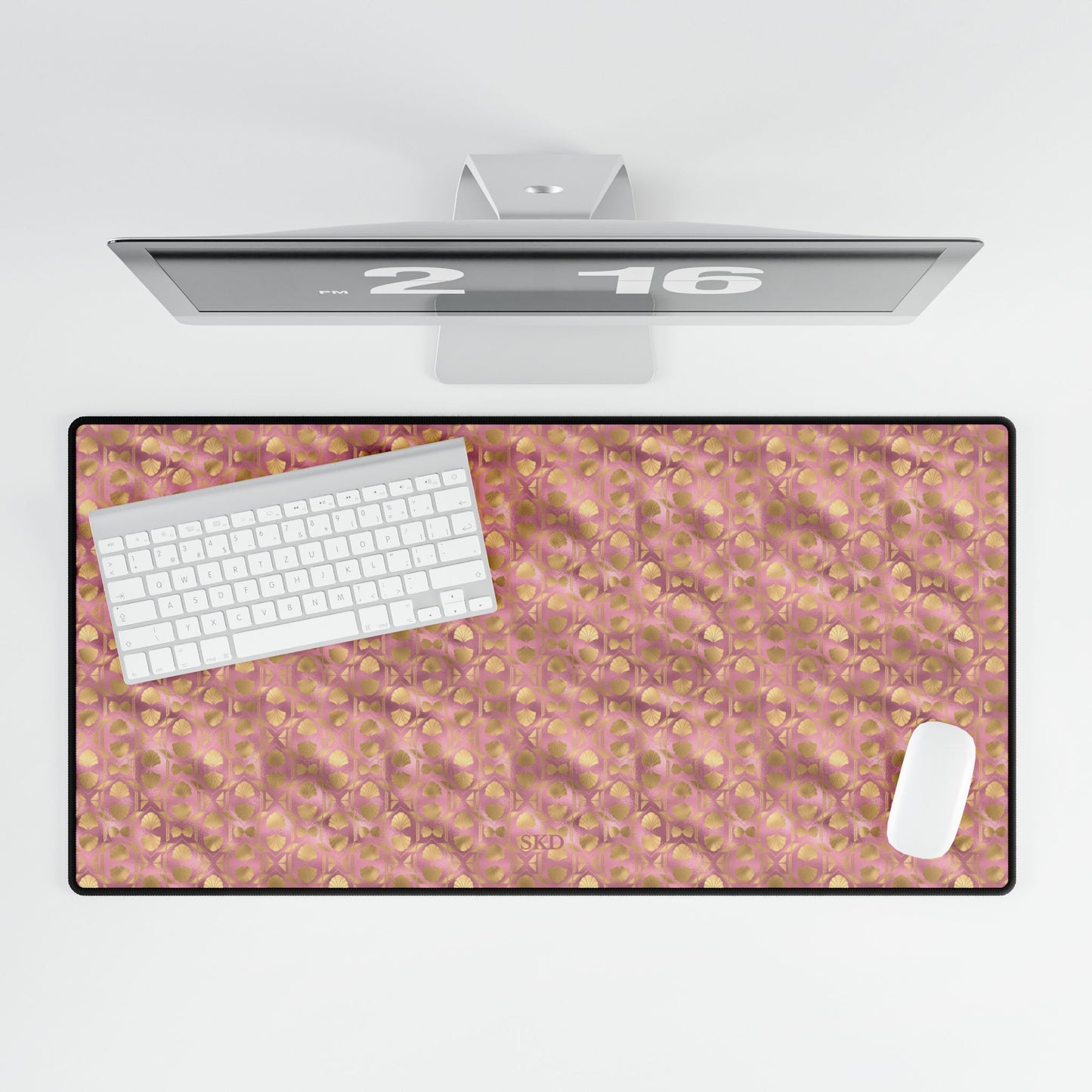 Collector's Vault: Blush Horizon | Soft Pastel Pink & Gold Computer Desk Mat | Non-Slip Rubber Base, Smooth Surface for Creative Spaces