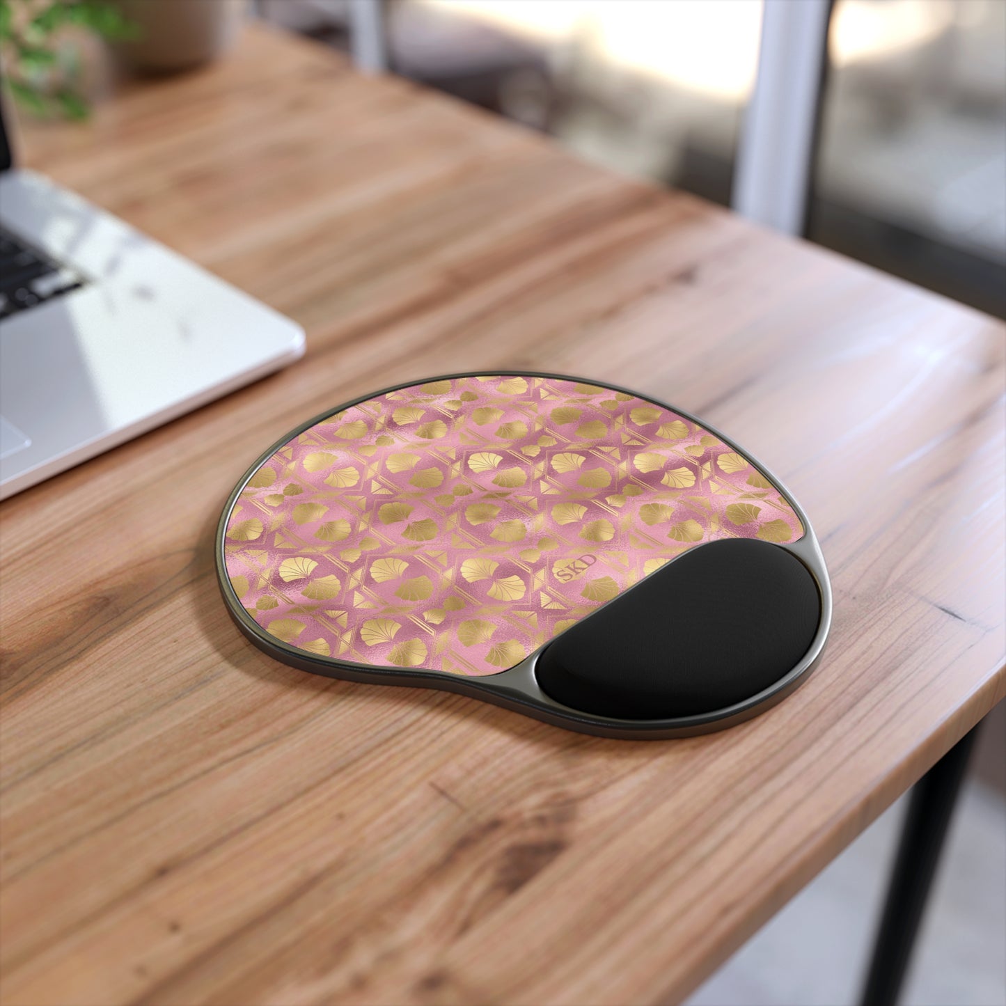 Collector's Vault: Blush Horizon | Soft, Pastel Pink & Gold Mouse Pad with Wrist Rest | Ergonomic Support for Tech Lovers