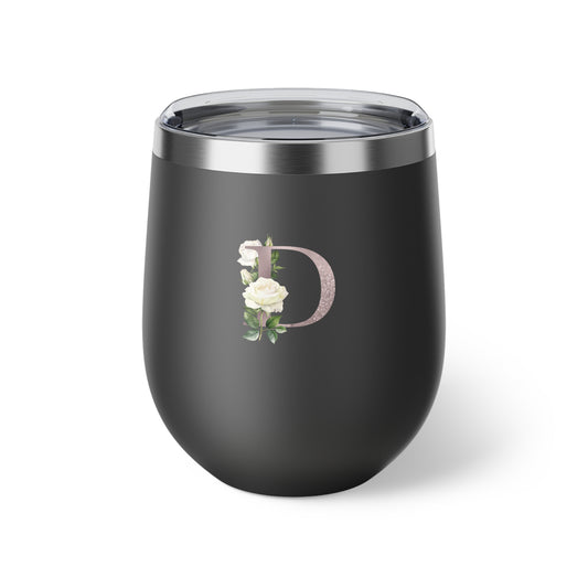 Letter D - Personalized Romantic White Rose Copper Vacuum Insulated Cup, 12 oz – Perfect for Weddings
