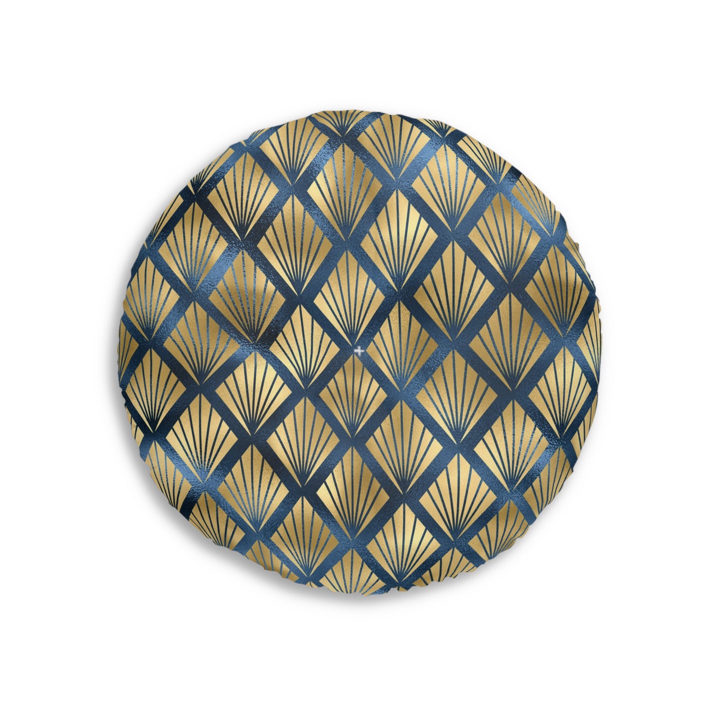 Art Deco Elegance | Gold & Blue Tufted Round Pillow | Timeless Glamour with Geometric Luxe Design