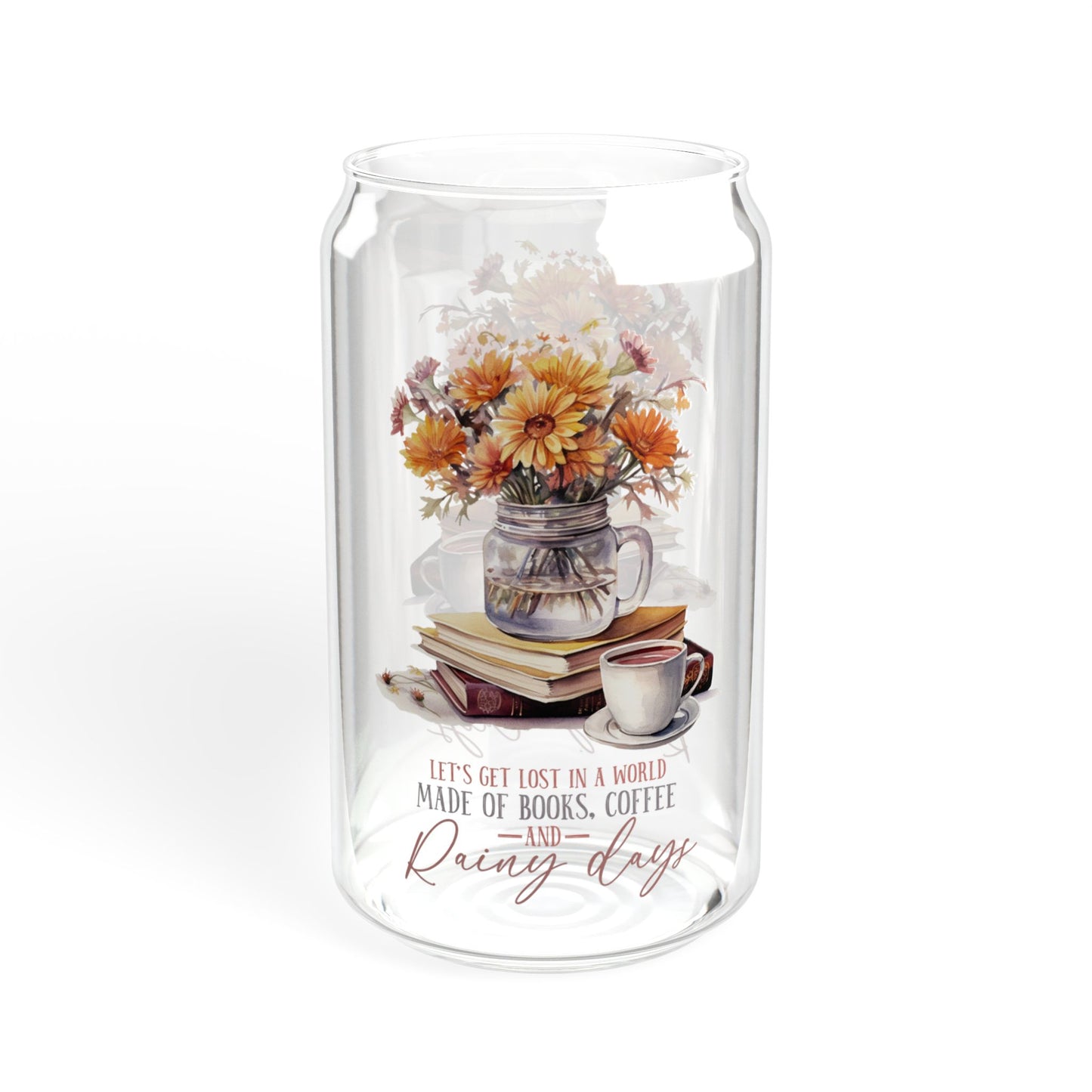 'Books Coffee and Rainy Days' | 16oz Custom Sipper Glass with Bamboo Lid & Straw – Perfect for Sweet Treats and Family Parties